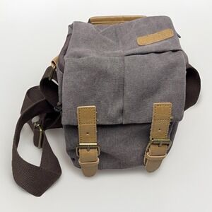 S-Zone DSLR Camera Bag Small Gray Canvas Leather Trim Padded Shoulder Travel